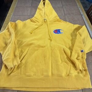 Champion Reverse Weave Hoodie Mens XL Yellow Heavyweight Big C Logo Pullover Y2K
